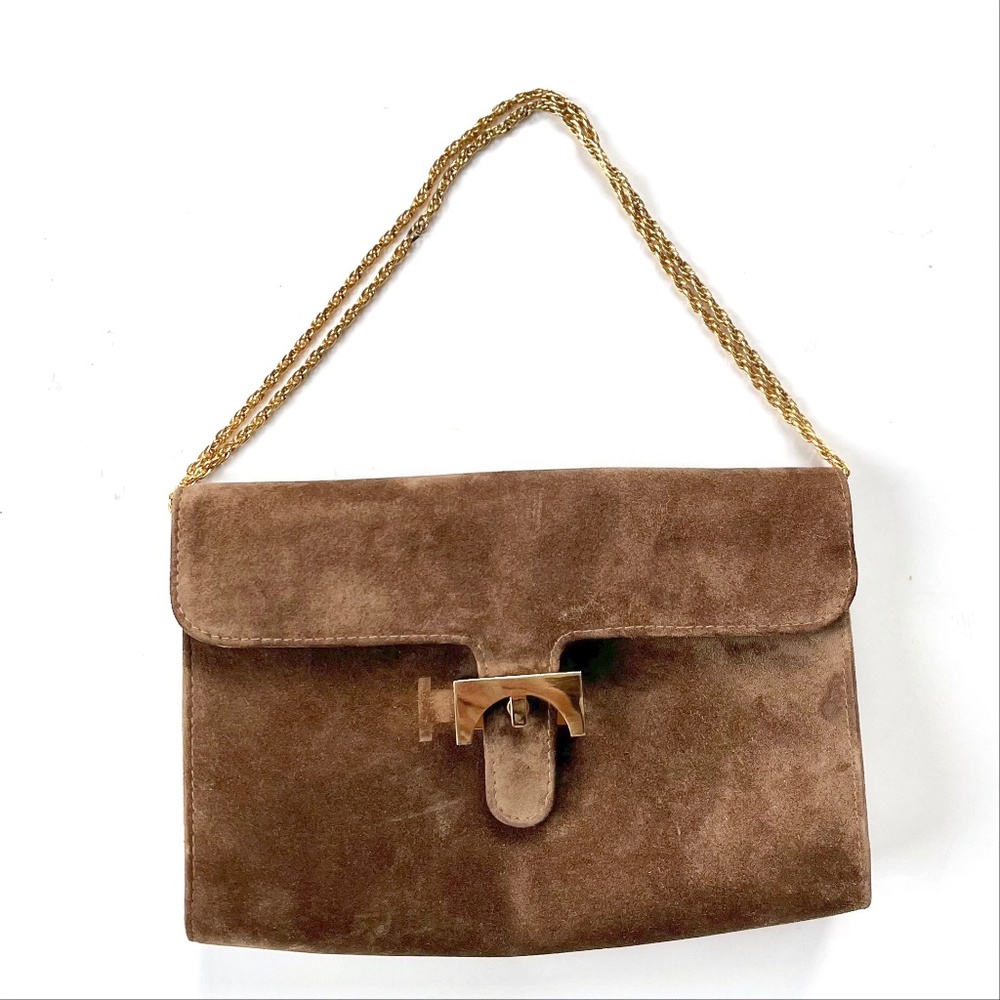 RARE VTG Lederer Italy Brown Suede shoulder Bag w/ Gold hardware. Luxury